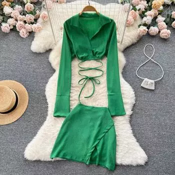 Осенняя короткая рубашка с длинным рукавом, топ с разрезом, короткая юбка, модный костюм из двух частей в западном стиле