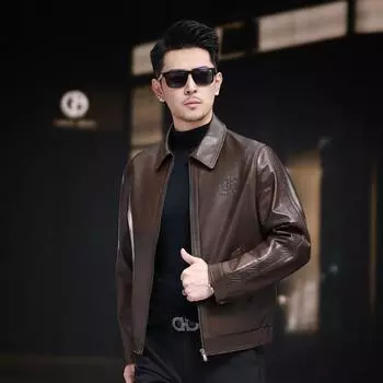 Осенняя кожаная куртка из козьей кожи, мужская короткая мотоциклетная кожаная куртка с лацканами, модное трендовое пальто L коричневый