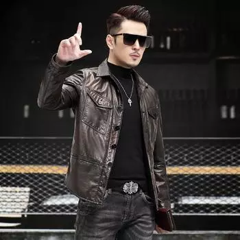 Осенняя кожаная куртка мужская из овечьей кожи с промасленным воском, воротником средней длины и с несколькими карманами в стиле ретро, повседневная куртка M