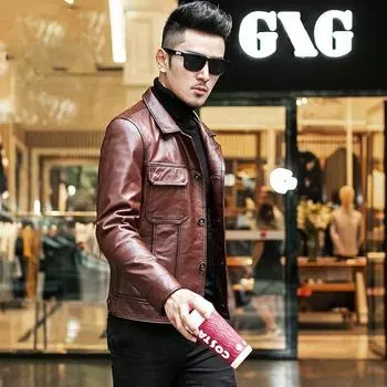 Осенняя кожаная куртка мужская, первый слой, телячья кожа, мотоциклетная одежда, кожаная куртка, короткая повседневная модная куртка L коричневый