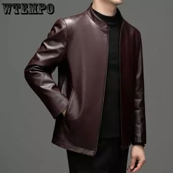 Осенняя кожаная куртка мужская тонкая с коротким воротником кожаная куртка мужская кожаная куртка среднего возраста папа установил M чёрный