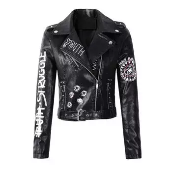 Осенняя кожаная куртка, женские куртки с заклепками и принтом в стиле панк, байкерские пальто из искусственной кожи, тонкие уличные укороченные куртки S чёрный