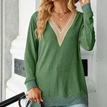 Осенняя кружевная футболка с v-образным вырезом, женская модная свободная футболка с длинным рукавом, женская зимняя однотонная пуловерная футболка Blusas 29542 S орион