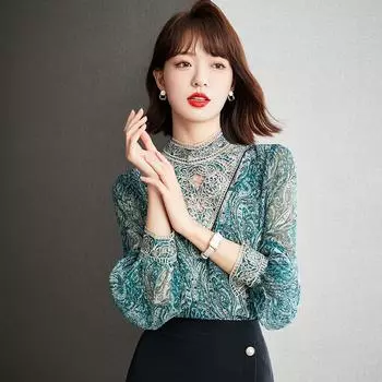 Осенняя кружевная рубашка с длинным рукавом и блузкой с цветочной вышивкой и воротником-стойкой S розовый