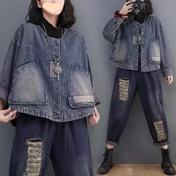 Осенняя куртка больших размеров с круглым вырезом, пальто для женщин, однотонные пальто, свободные джинсовые хлопковые пуговицы, повседневная короткая куртка, топ XXL синий