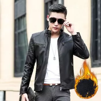 Осенняя куртка из искусственной кожи, мужская куртка с воротником-стойкой, корейская версия, красивая кожаная куртка с изображением локомотива, осень и зима M