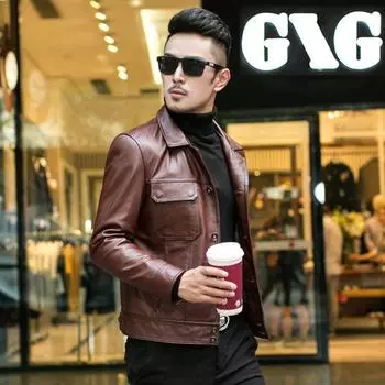 Осенняя куртка из натуральной кожи для мужчин, мотоциклетная куртка первого слоя из телячьей кожи, короткая повседневная модная куртка L