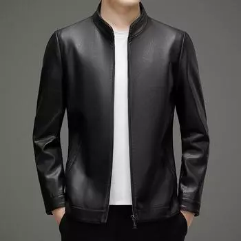 Осенняя куртка из овчины и кожи больших размеров для мужчин среднего возраста, кожаная куртка с воротником-стойкой для папы M