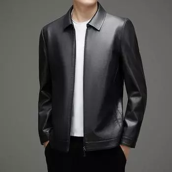 Осенняя куртка из овчины и кожи для мужчин среднего возраста больших размеров, кожаная куртка с отворотом для папы M