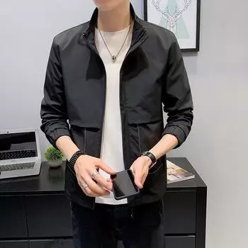 Осенняя куртка мужская модная красивая универсальная верхняя часть однобортная мужская повседневная куртка с воротником-стойкой M чёрный