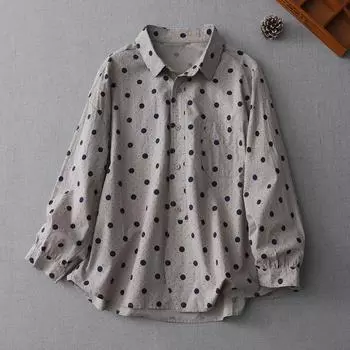 Осенняя литературная блузка больших размеров, свободная рубашка в горошек с длинными рукавами, женская рубашка, топ M белый