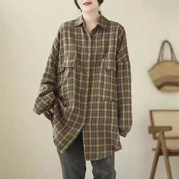 Осенняя литературная рубашка больших размеров с отворотом в клетку с длинными рукавами, женская рубашка средней длины L