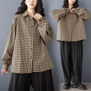 Осенняя литературная рубашка больших размеров с длинными рукавами и лацканами в клетку, женская рубашка, топ, блузки и рубашки L