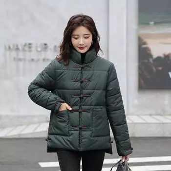 Осенняя литературная винтажная парка с хлопковой подкладкой в китайском стиле, зимнее женское пальто для мамы, двубортная одежда M чёрный