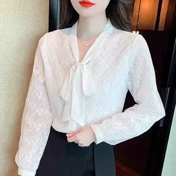 Осенняя мода 2024 года, белая кружевная блузка с длинным рукавом и воротником-бабочкой, женские топы, блузки, рубашки J517 S белый