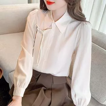 Осенняя мода 2024 года, блузка с длинным рукавом и отложным воротником абрикосового цвета, женская рубашка, топы, блузки, рубашки J438 S абрикосовый