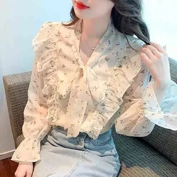 Осенняя мода 2024 года, длинный рукав, бант, воротник, повседневные оборки, принт, шифоновая блузка, рубашка, женские топы, блузки, рубашки J566 S абрикосовый