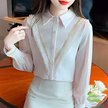 Осенняя мода 2024 года, длинный рукав, бисер, отложной воротник, офисная женская шифоновая блузка, рубашка, женские топы, блузки, рубашки J484 S