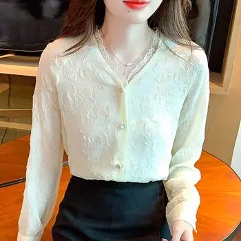 Осенняя мода 2024 года, длинный рукав, кружево, V-образный вырез, офисная женская абрикосовая шифоновая блузка, рубашка, женские топы, блузки, рубашки J531 S абрикосовый