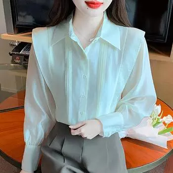 Осенняя мода 2024 года, длинный рукав, отложной воротник, офисная женская абрикосовая шифоновая блузка, рубашка, женские топы, блузки, рубашки J486 S абрикосовый