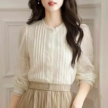 Осенняя мода 2024 года, повседневная блузка с длинным рукавом и круглым вырезом, абрикосового цвета, женская рубашка, топы, блузки, рубашки J428 S абрикосовый