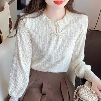 Осенняя мода 2024 года, повседневная блузка с длинным рукавом и оборками на воротнике, абрикосового цвета, женские топы, блузки, рубашки J458 S абрикосовый