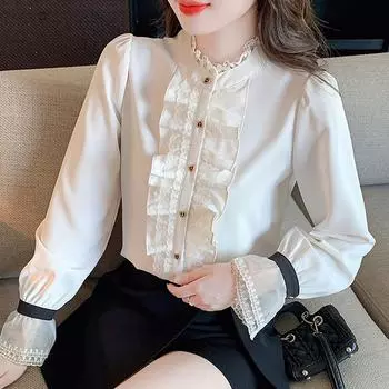 Осенняя мода 2024 года, повседневная блузка с длинным рукавом и воротником-стойкой, кружевная абрикосовая рубашка, женские топы, блузки, рубашки J456 S абрикосовый