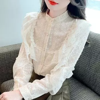 Осенняя мода 2024 года, повседневная блузка с длинным рукавом и воротником-стойкой, абрикосового цвета с оборками, кружевная рубашка, женские топы, блузки, рубашки J524 S абрикосовый