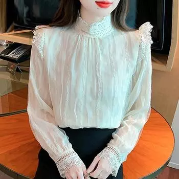 Осенняя мода 2024 года, повседневная сетчатая кружевная блузка с длинным рукавом и воротником-стойкой, женские топы, блузки, рубашки J495 S абрикосовый