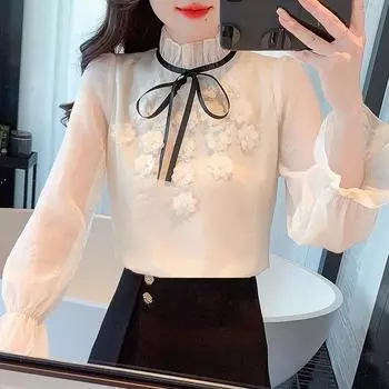 Осенняя мода 2024 года, повседневная шифоновая блузка с длинным рукавом, оборками, воротником, аппликацией, на шнуровке, рубашка, женские топы, блузки, рубашки J450 S абрикосовый