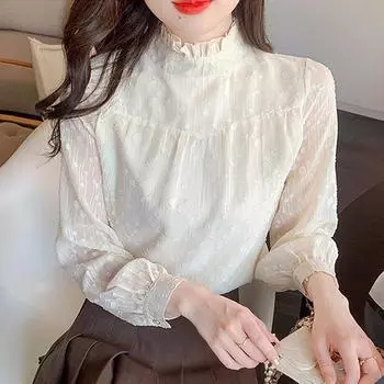 Осенняя мода 2024 года, повседневная шифоновая блузка с длинным рукавом и оборками на воротнике, женская рубашка, топы, блузки, рубашки J454 S абрикосовый