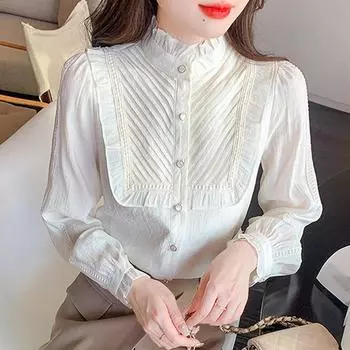 Осенняя мода 2024 года, повседневная шифоновая блузка с длинным рукавом и оборками на воротнике, женская рубашка, топы, блузки, рубашки J468 S абрикосовый