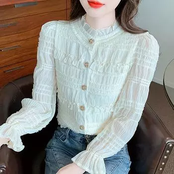 Осенняя мода 2024 года, повседневная шифоновая блузка с длинным рукавом и оборками, женские топы, блузки, рубашки J491 S