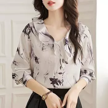 Осенняя мода 2024 года, повседневная шифоновая блузка с длинным рукавом и V-образным вырезом, оборками и принтом, женская рубашка, топы, блузки, рубашки J423 S
