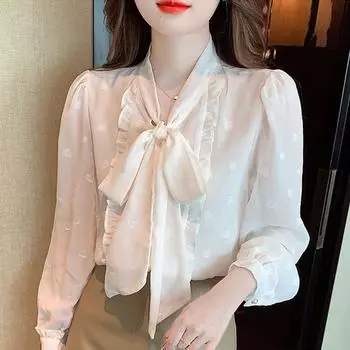 Осенняя мода 2024 года, повседневная шифоновая блузка с длинным рукавом и воротником-бабочкой абрикосового цвета с оборками, женская рубашка, топы, блузки, рубашки J537 S абрикосовый