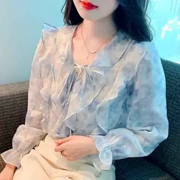 Осенняя мода 2024 года, повседневная шифоновая блузка с длинным рукавом и V-образным вырезом, с оборками и принтом, женская блузка, топы, рубашки J520 S