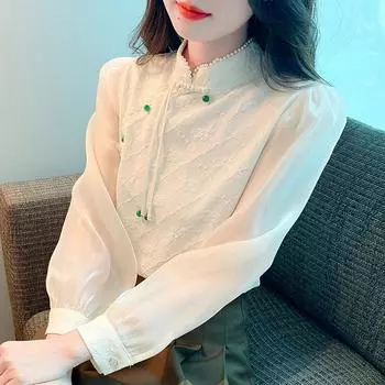 Осенняя мода 2024 года, шифоновая блузка с длинным рукавом и бисером, воротник-стойка, абрикосового цвета, женские топы, блузки, рубашки J444 S абрикосовый