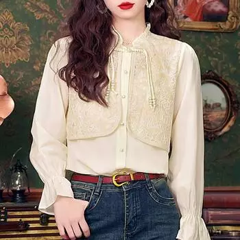 Осенняя мода 2024 года, шифоновая блузка с длинным рукавом и оборками в китайском стиле, женские топы, блузки, рубашки J448 S абрикосовый