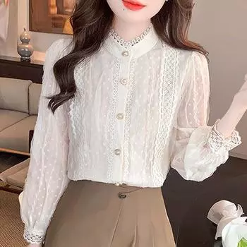 Осенняя мода 2024 года, шифоновая блузка с длинным рукавом и воротником-стойкой, абрикосового цвета, женские топы, блузки, рубашки J472 S абрикосовый