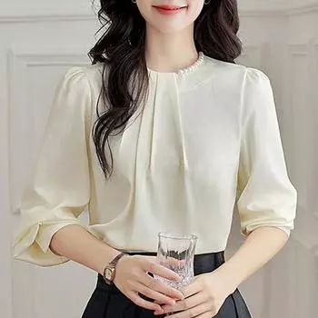 Осенняя мода 2024 года, шифоновая блузка с длинным рукавом и круглым вырезом, абрикосовая, женская, топы, блузки, рубашки J419 S абрикосовый