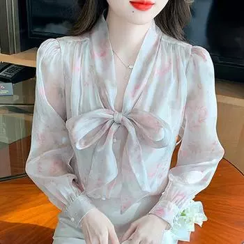 Осенняя мода 2024 года, шифоновая блузка с длинным рукавом и бантом, женские топы, блузки, рубашки J529 S