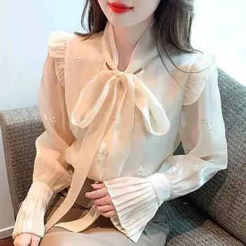 Осенняя мода 2024 года, шифоновая блузка с длинным рукавом, оборками и бантом, вышитая, абрикосового цвета, женская рубашка, топы, блузки, рубашки J561 S абрикосовый