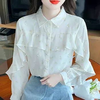Осенняя мода 2024 года, шифоновая блузка с длинным рукавом, отложным воротником, оборками и принтом, женская рубашка, топы, блузки, рубашки J527 S
