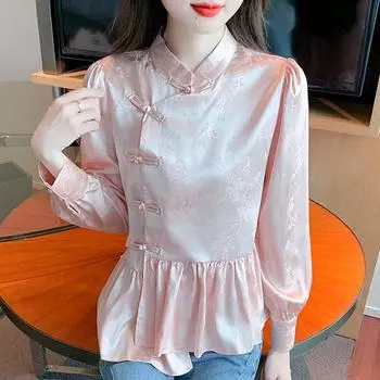 Осенняя мода 2024 года, женские рубашки с длинным рукавом и воротником-стойкой, шифоновая блузка в китайском стиле, женские топы, блузки, рубашки J443 S розовый