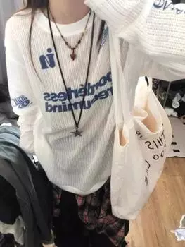 Осенняя мода Буквы Слегка прозрачные повседневные топы Новый дизайн Солнцезащитная одежда Женская эстетика Тонкие свободные пуловеры Харадзюк S белый