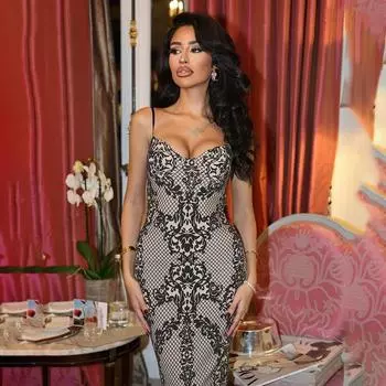 Осенняя мода длинное платье женское темпераментное элегантное облегающее платье с принтом халтер S коричневый