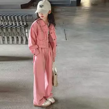 Осенняя мода для девочек, джинсовая куртка, длинные брюки, повседневный костюм 170 розовый