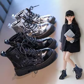 Осенняя мода для девочек, лакированные ботильоны с пайетками 36 чёрный