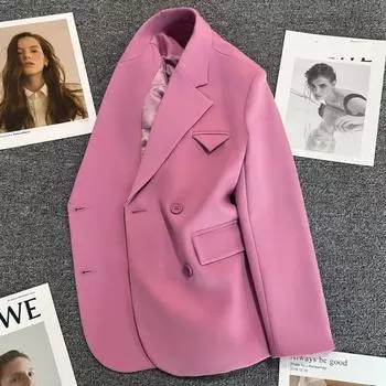 Осенняя мода для женщин, розовый дизайн, пиджак и куртки, двубортное пальто, официальная рабочая одежда S ярко-розовый