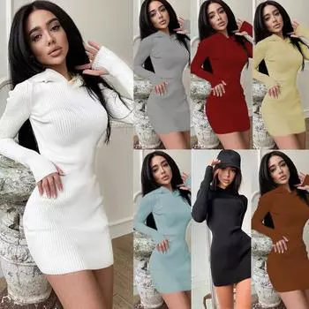 Осенняя мода для женщин с длинным рукавом, облегающее трикотажное платье-пуловер с капюшоном, платье-свитер S бежевый